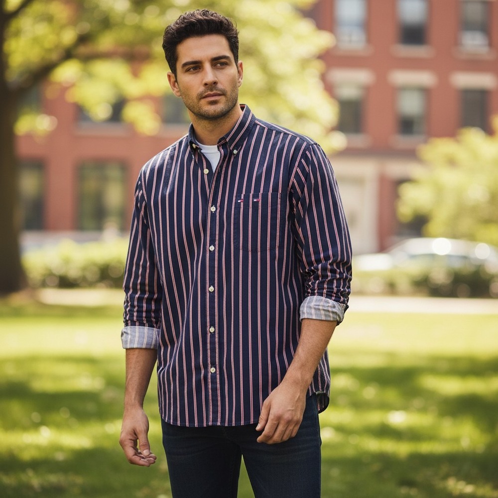 Bugle‎ Boy Dress Shirt Mens L Blue, Red White Striped Casual Long Sleeve